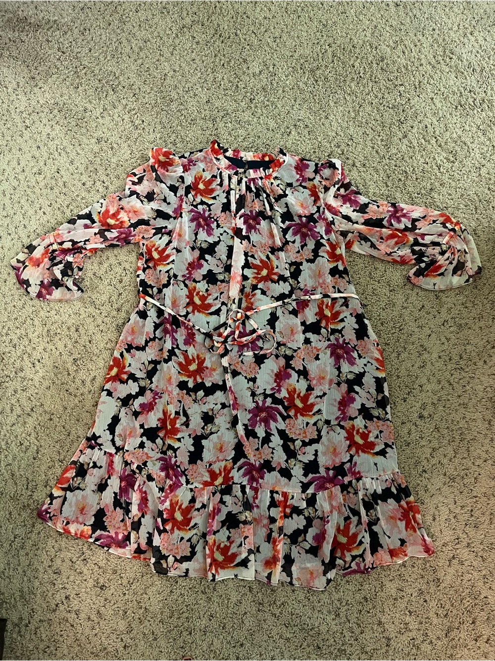 Maggy London Floral Midi Dress in Navy, Pink & Orange
